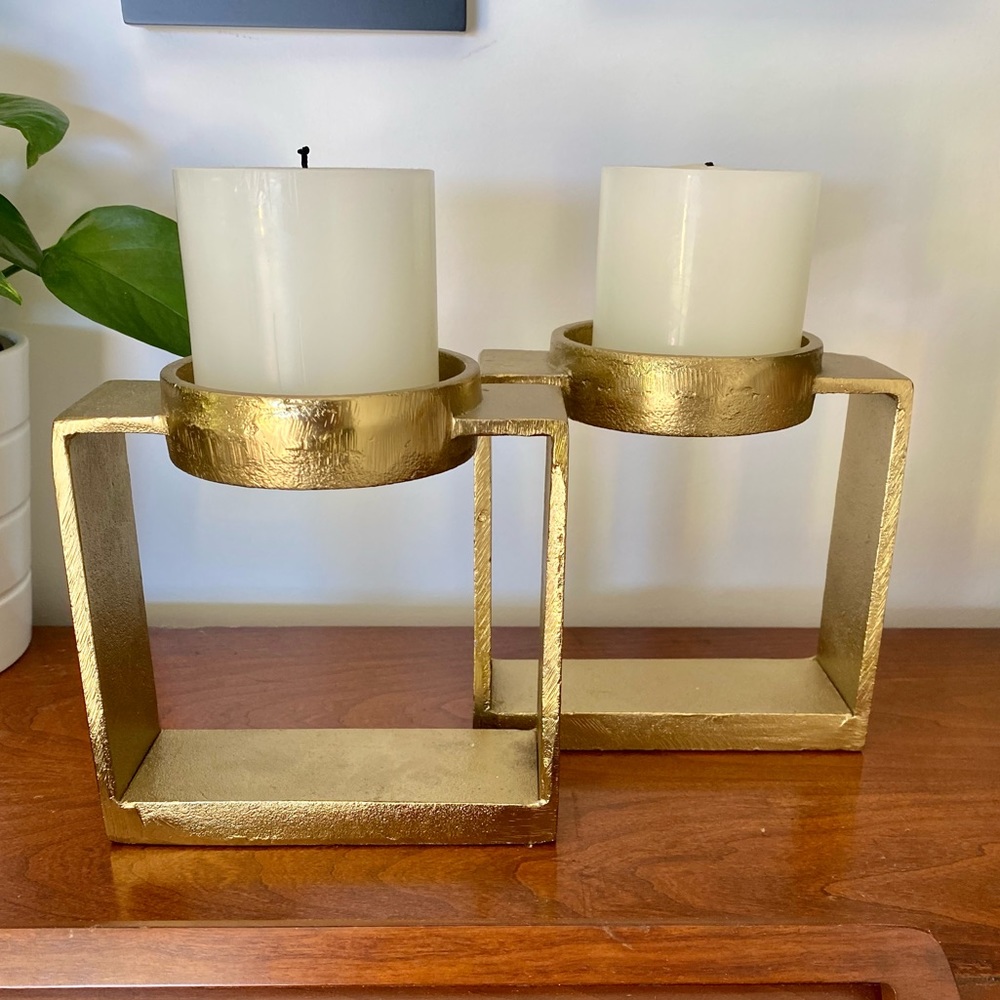 West Elm Set of 2 square metal pillar candle holder gold brass tall